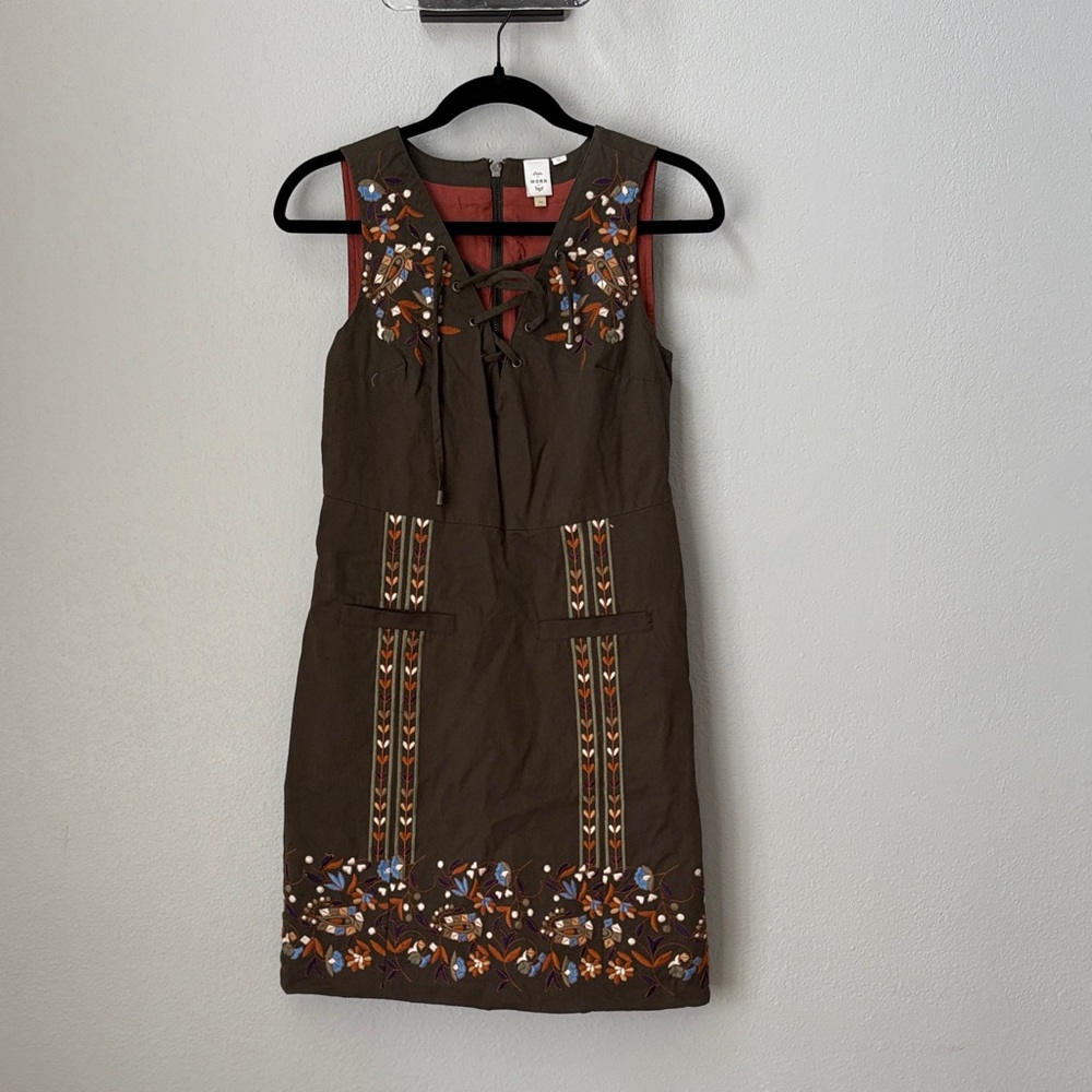Anthropologie Brown Embroidered Mini Dress